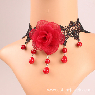 Fashion Lace Collar Necklace Red Rose Pearl Lace Necklace